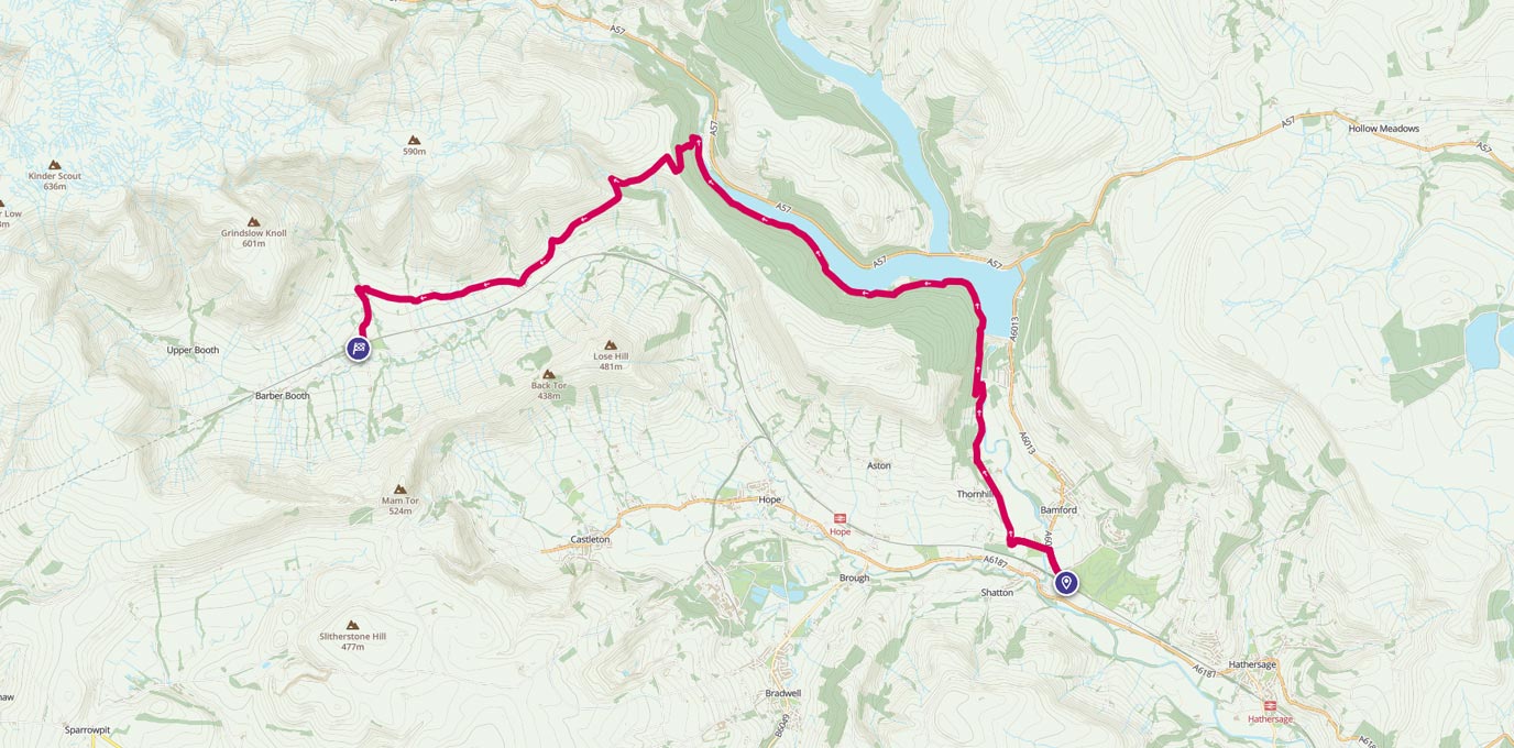 Bamford to Edale, via Ladybower route line on map