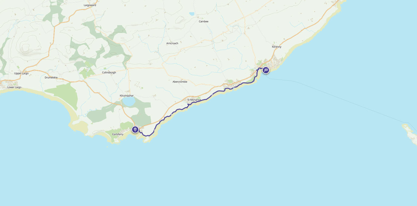 Elie to Anstruther: an afternoon stroll route line on map