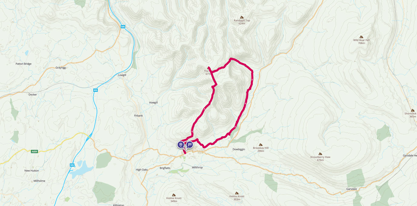 The Howgill Fells walking route on a map