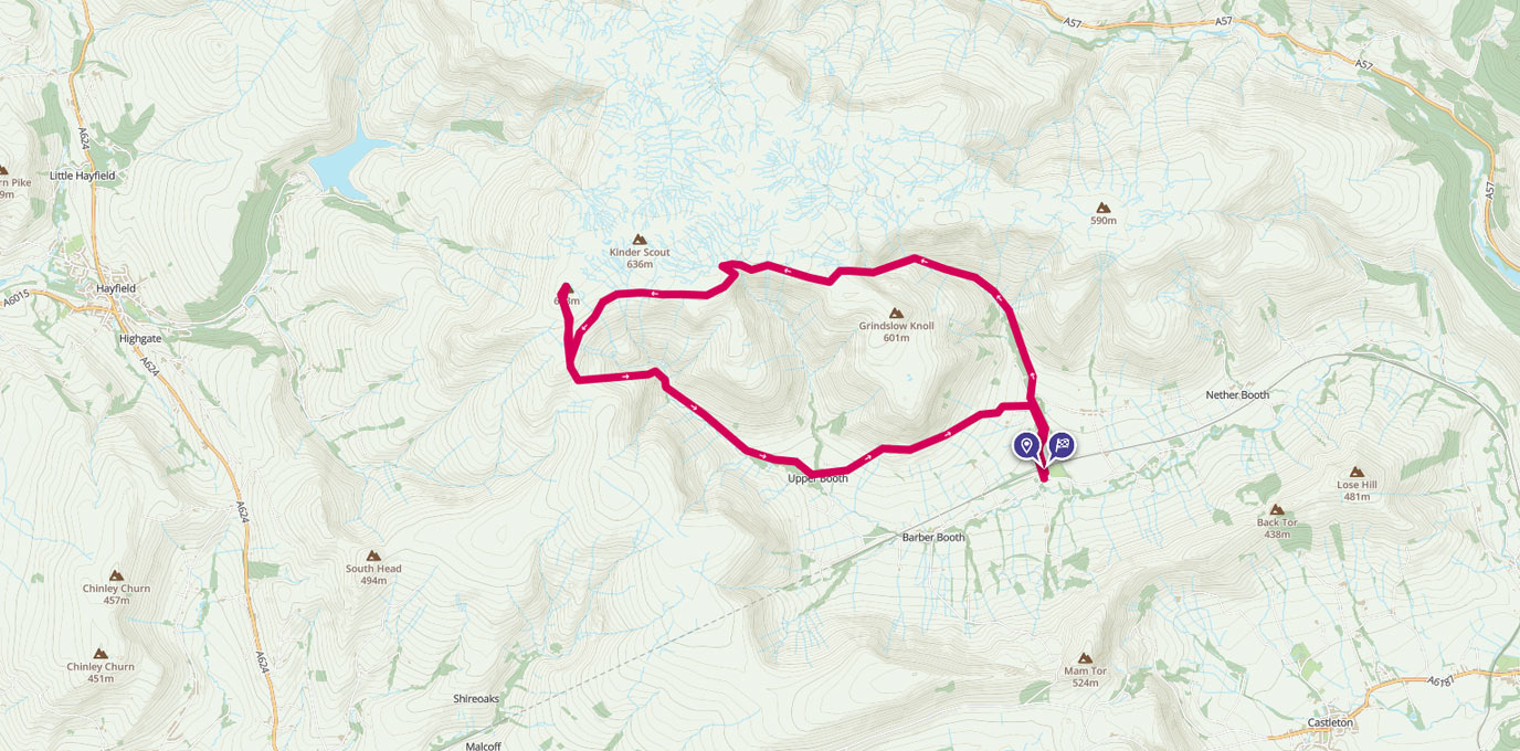 Kinder Scout walking route line on map