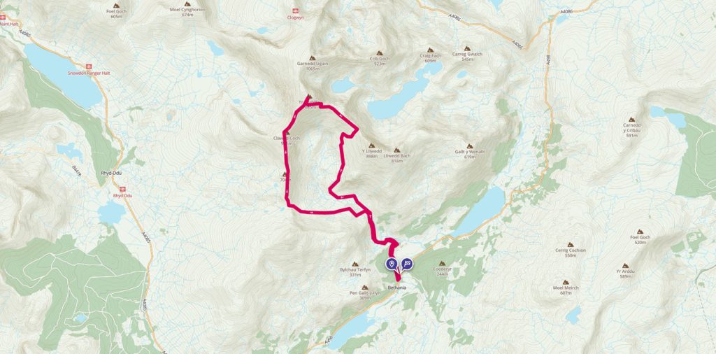 Snowdon Watkin path and Ridge path on a map
